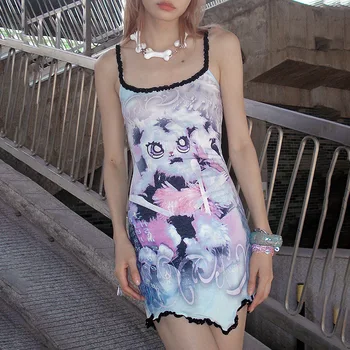 Jaapani Kawaii Cartoon Prindi Mini Kleidid Y2K Haldjas Grunge Gooti Naiste Varrukateta Õhuke Seksikas Pilduma Kleit Streetwear Vestidos